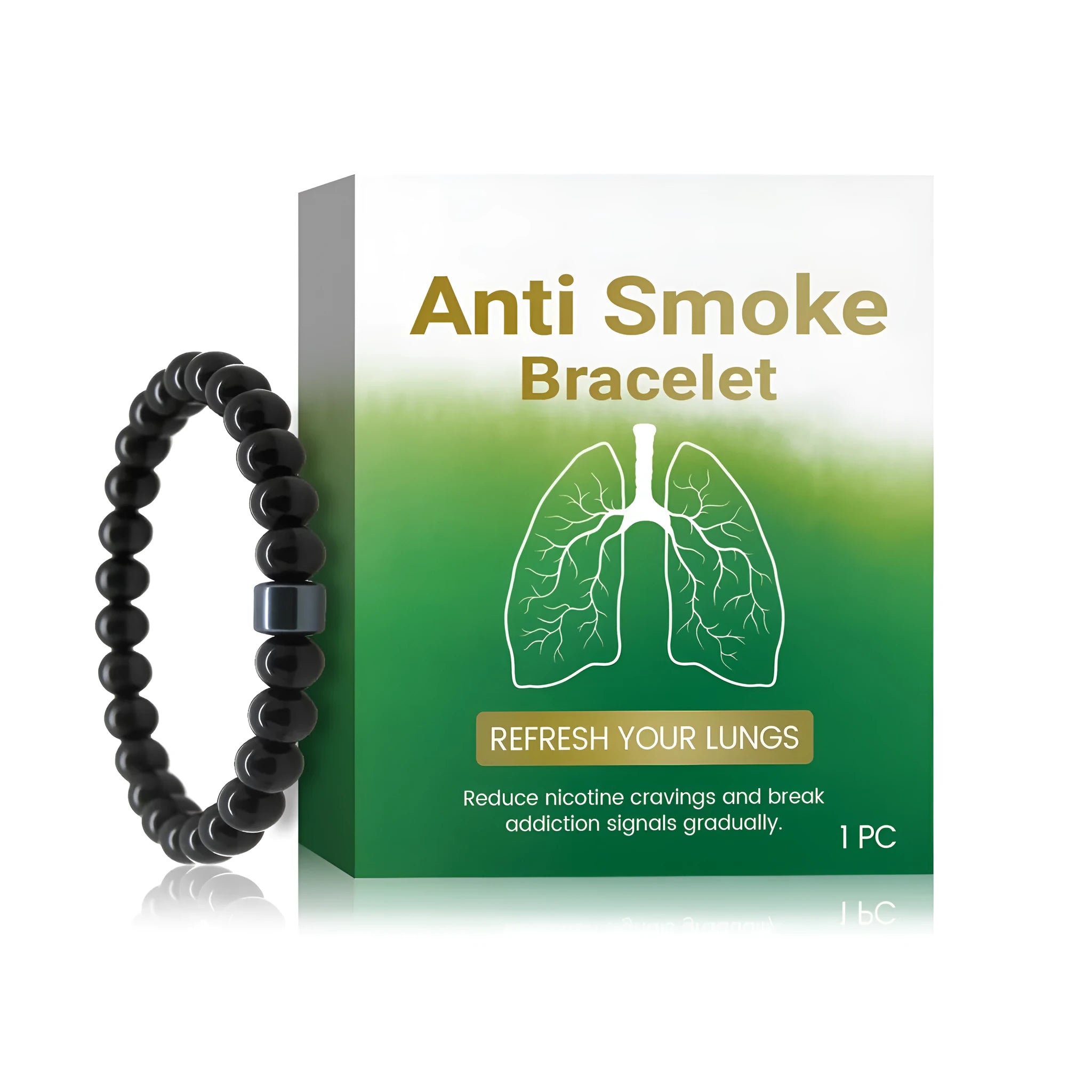 Men's smoke prevention bracelet made of glass and black gallstone on a wrist.