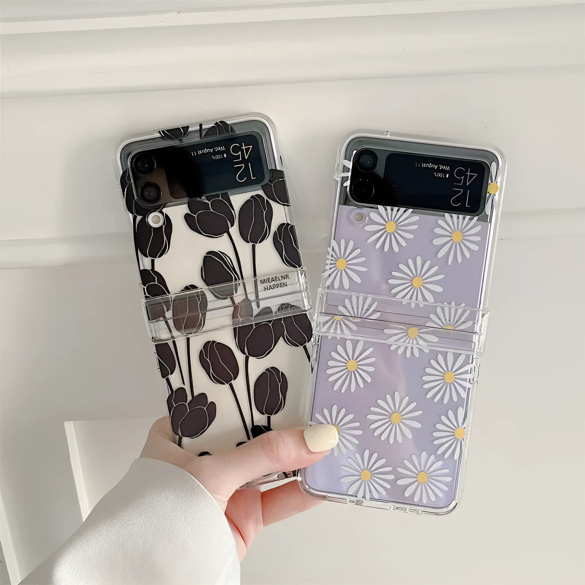 Samsung Galaxy Z Flip phone case with flower design on transparent hard shell