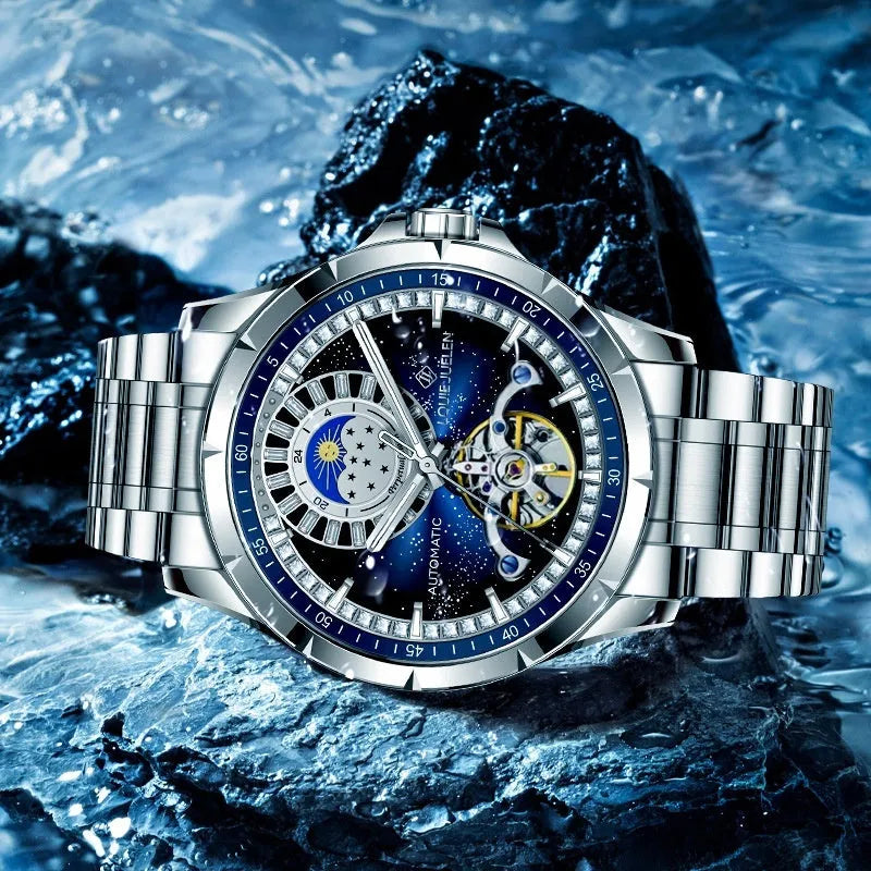 Men's silver and blue waterproof automatic mechanical watch with stainless steel strap