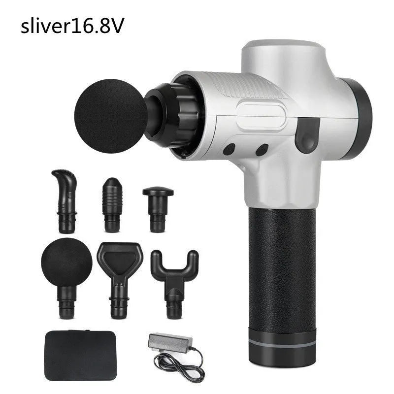 Black electric body massage gun with multiple heads on a grey background.