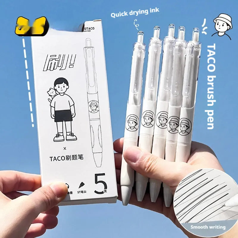 Five white plastic ballpoint pens with 0.5mm tips and black ink displayed together