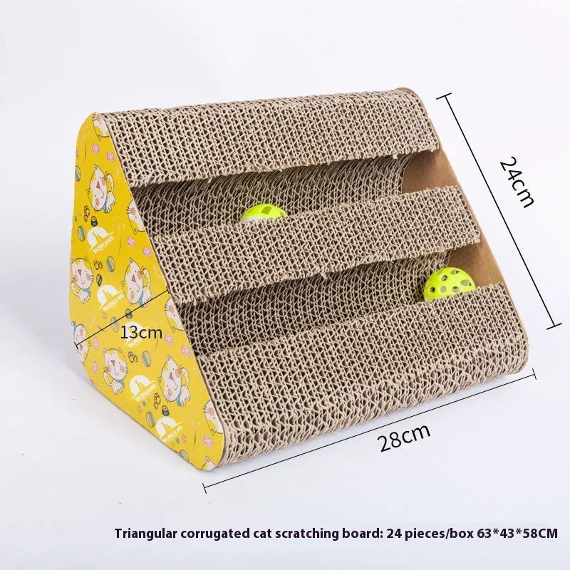 Corrugated paper cat scratch board in various shapes including bone type, M type, and triangle designs