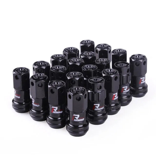 Set of aluminium alloy flat head wheel hub nuts in various colours including red, gold, blue, purple, and black.