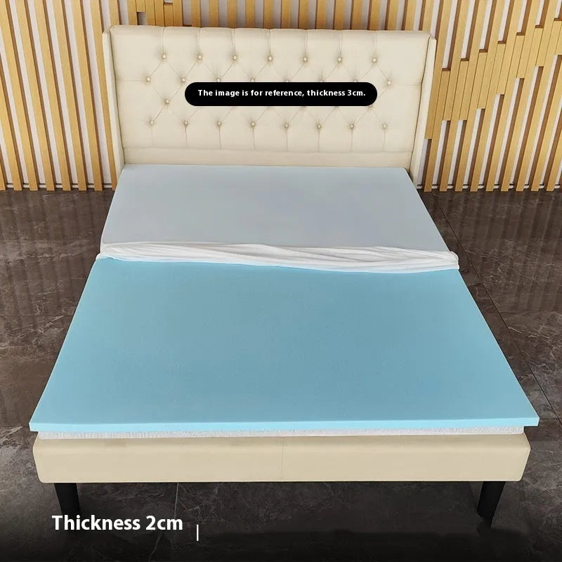 Thin gel memory cotton tatami mattress showing slow rebound texture on a wooden floor.