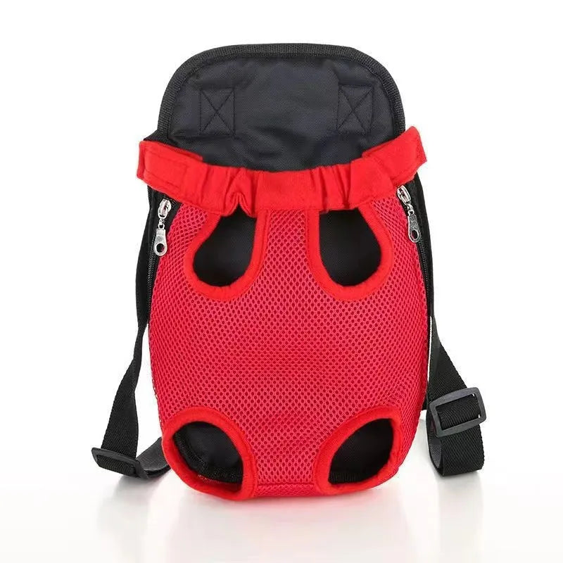 A black adjustable dog carrier backpack worn on a person's back, showing mesh panels and straps, suitable for a small dog.