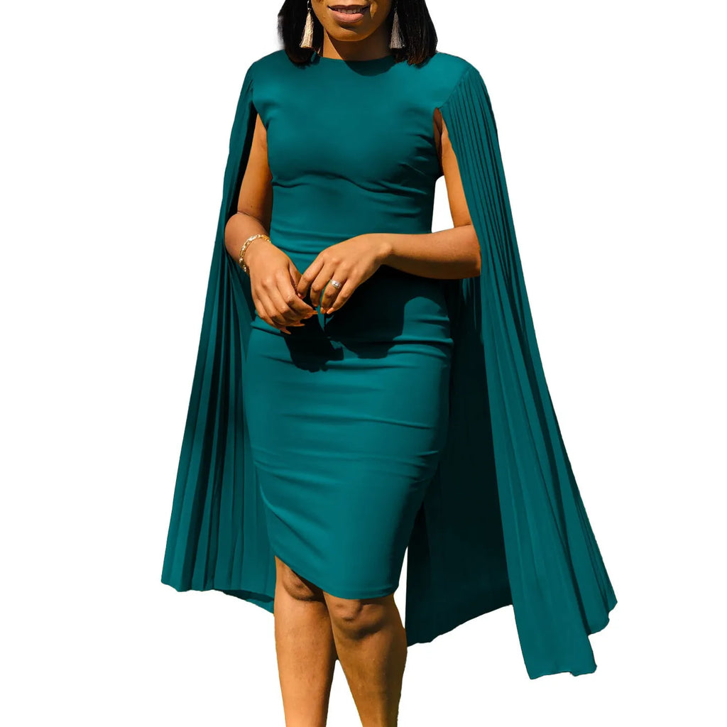 Evening gown with pleated shawl collar and round neck in high-waist design