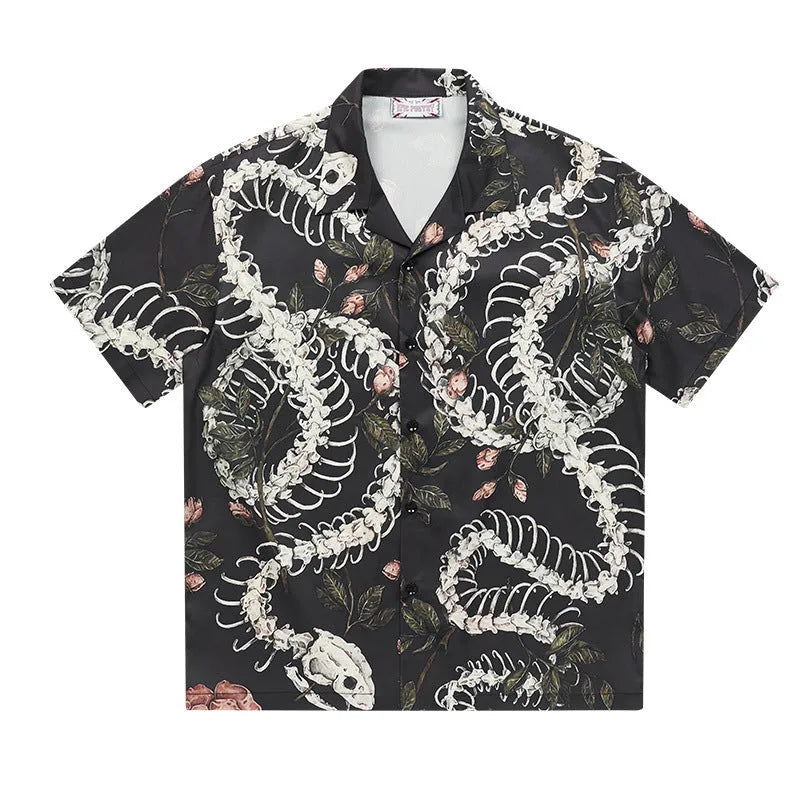 Short sleeve Cuban collar shirt with snake bone and floral pattern print in a loose fit.