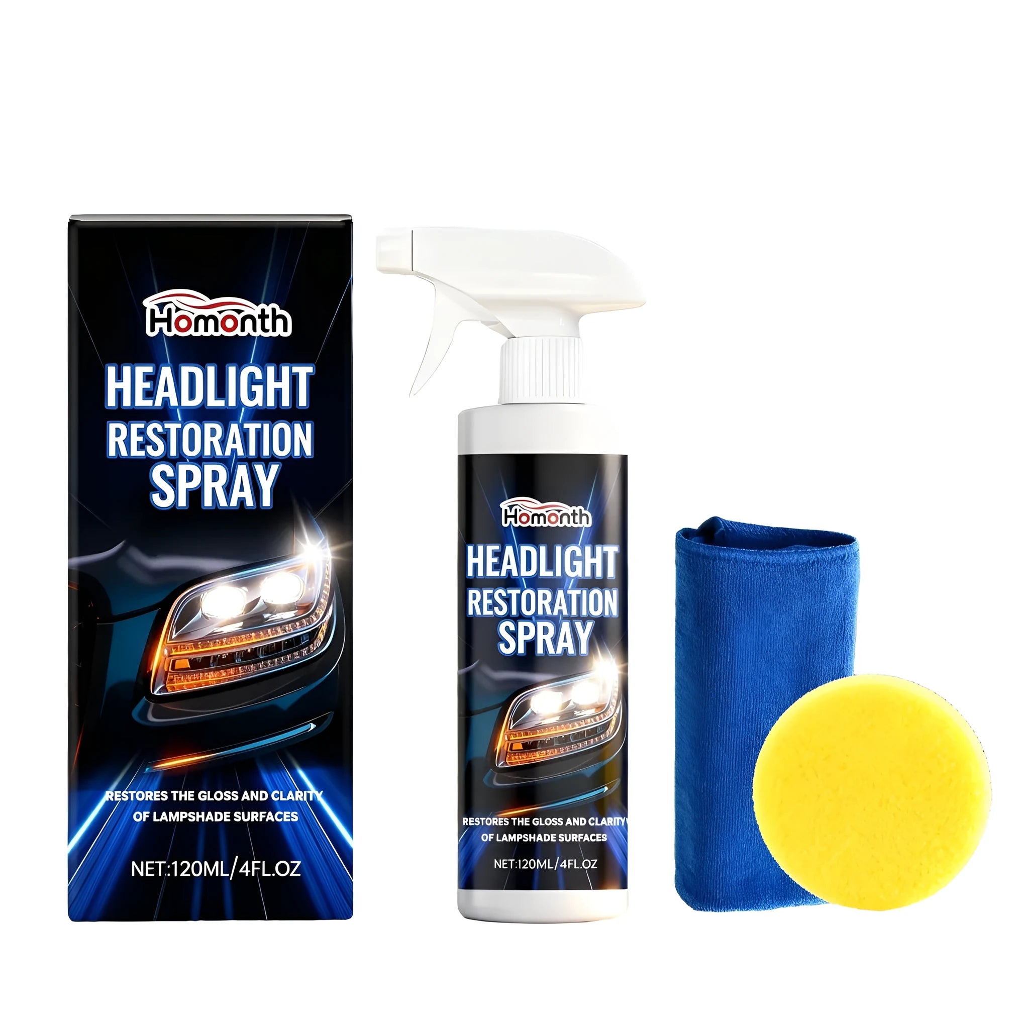 120ml bottle of headlight restoration spray with sponge and towel for DIY car headlight cleaning.