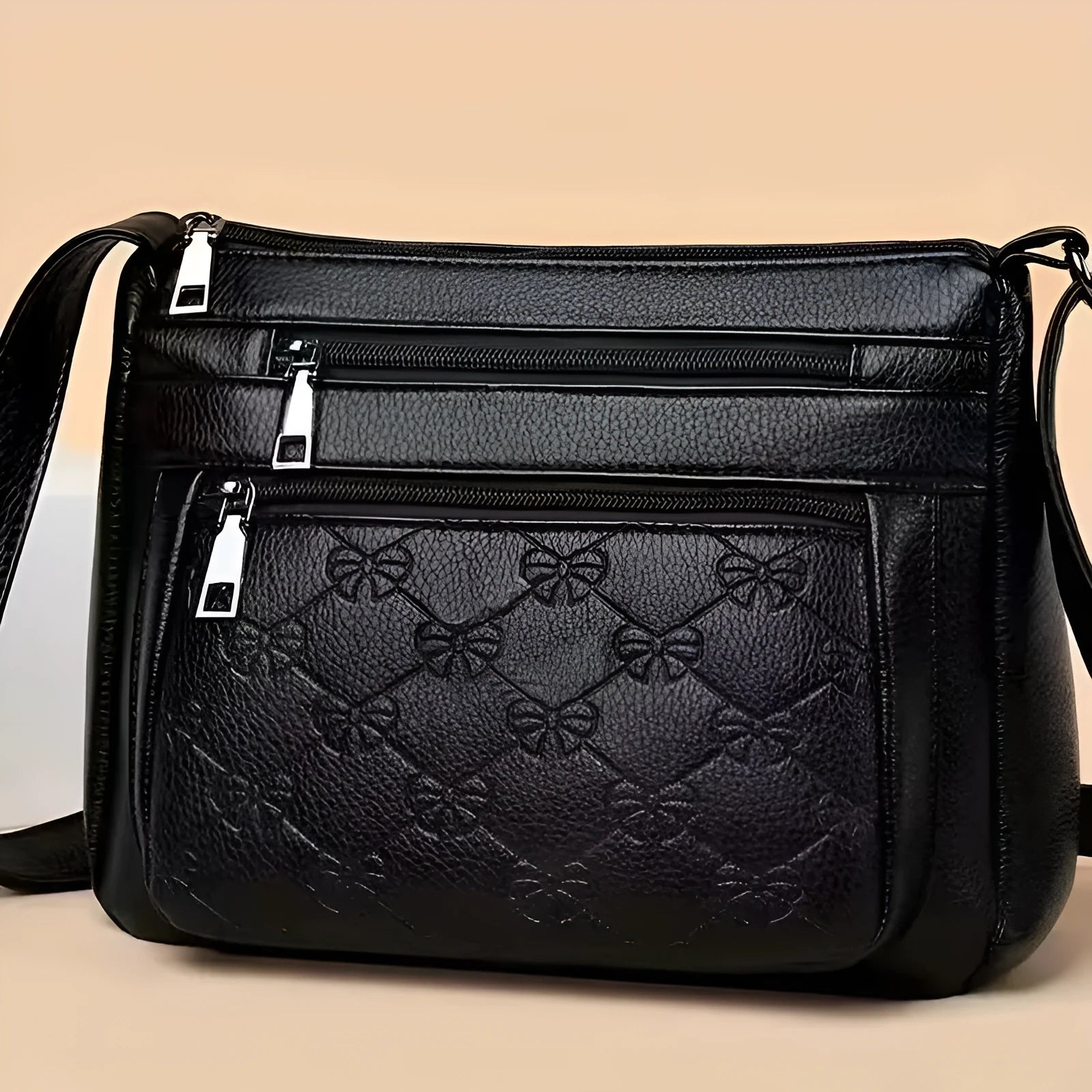 Butterfly black women's crossbody bag with embossed PU leather and horizontal square design