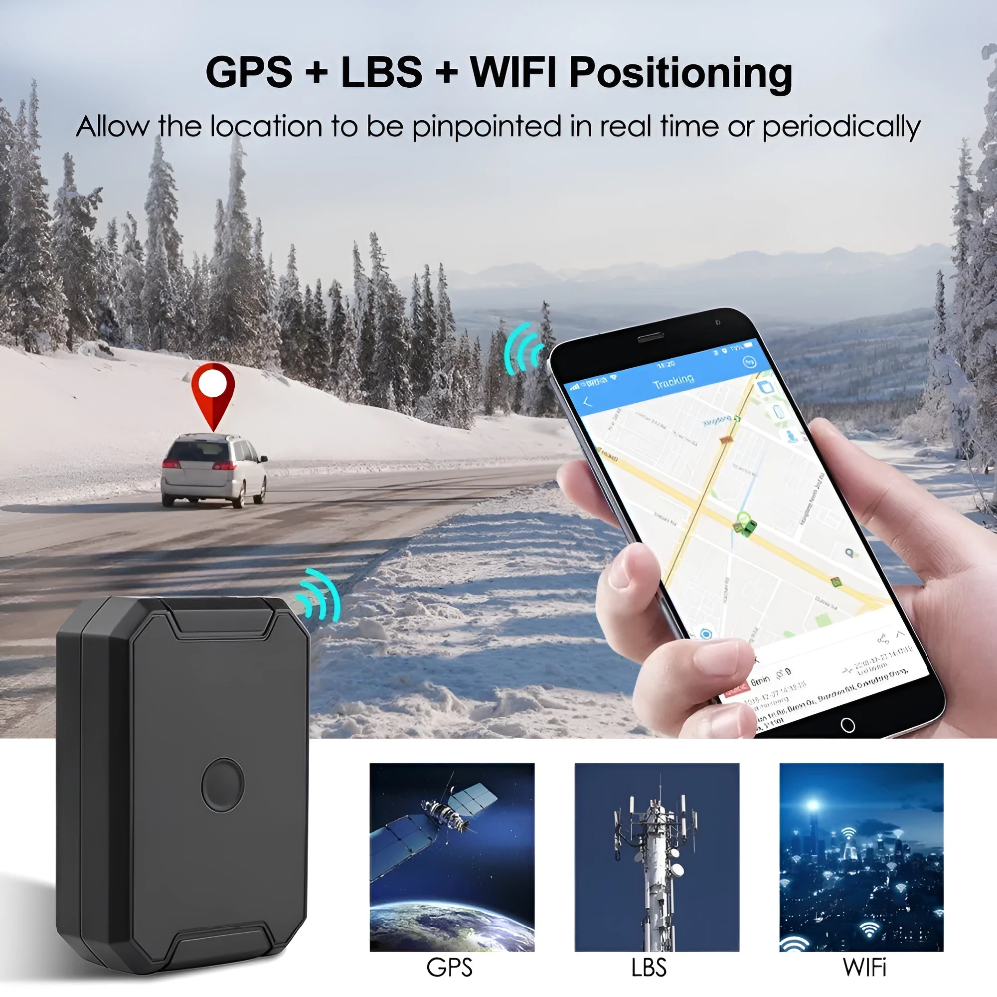 Black GPS car locator with 6000mAh battery and ceramic antenna for vehicle tracking