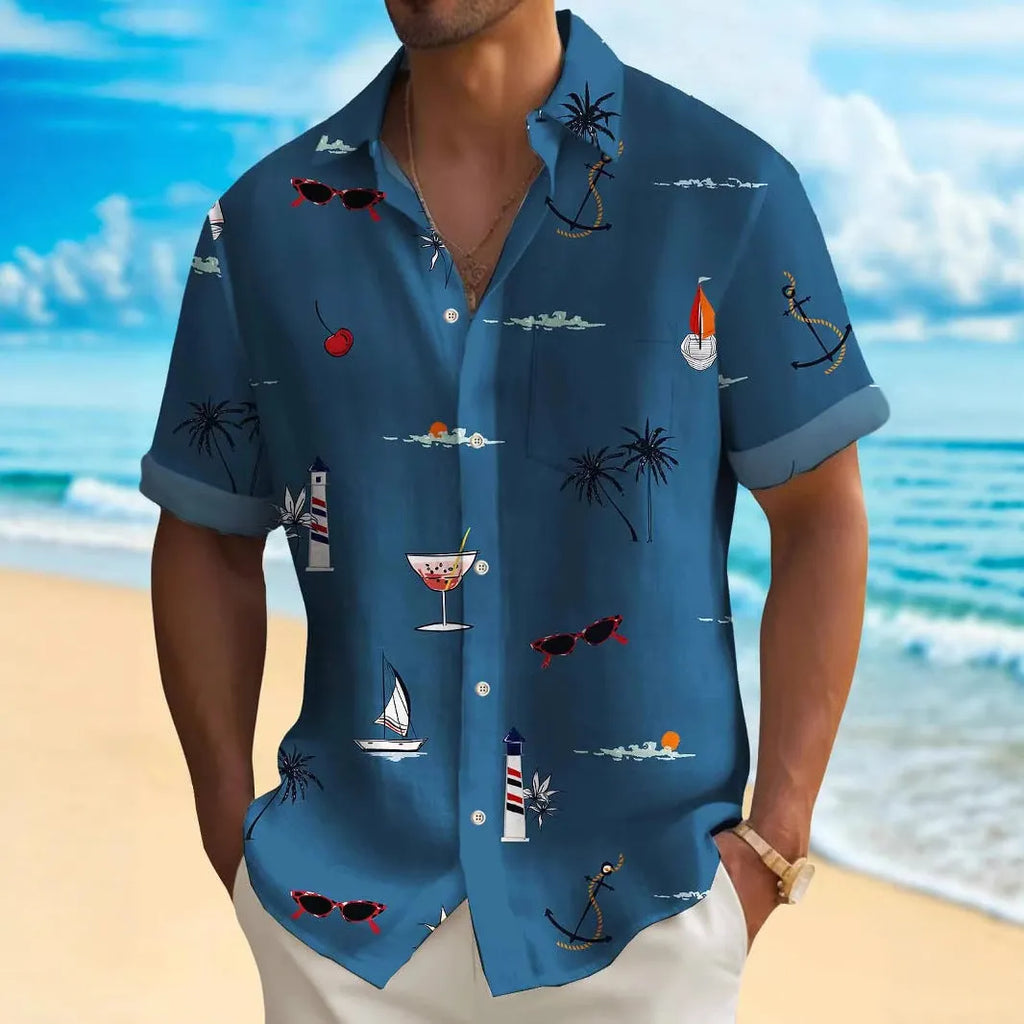 Men's loose fit Hawaiian shirt with colourful digital print pattern and short sleeves.