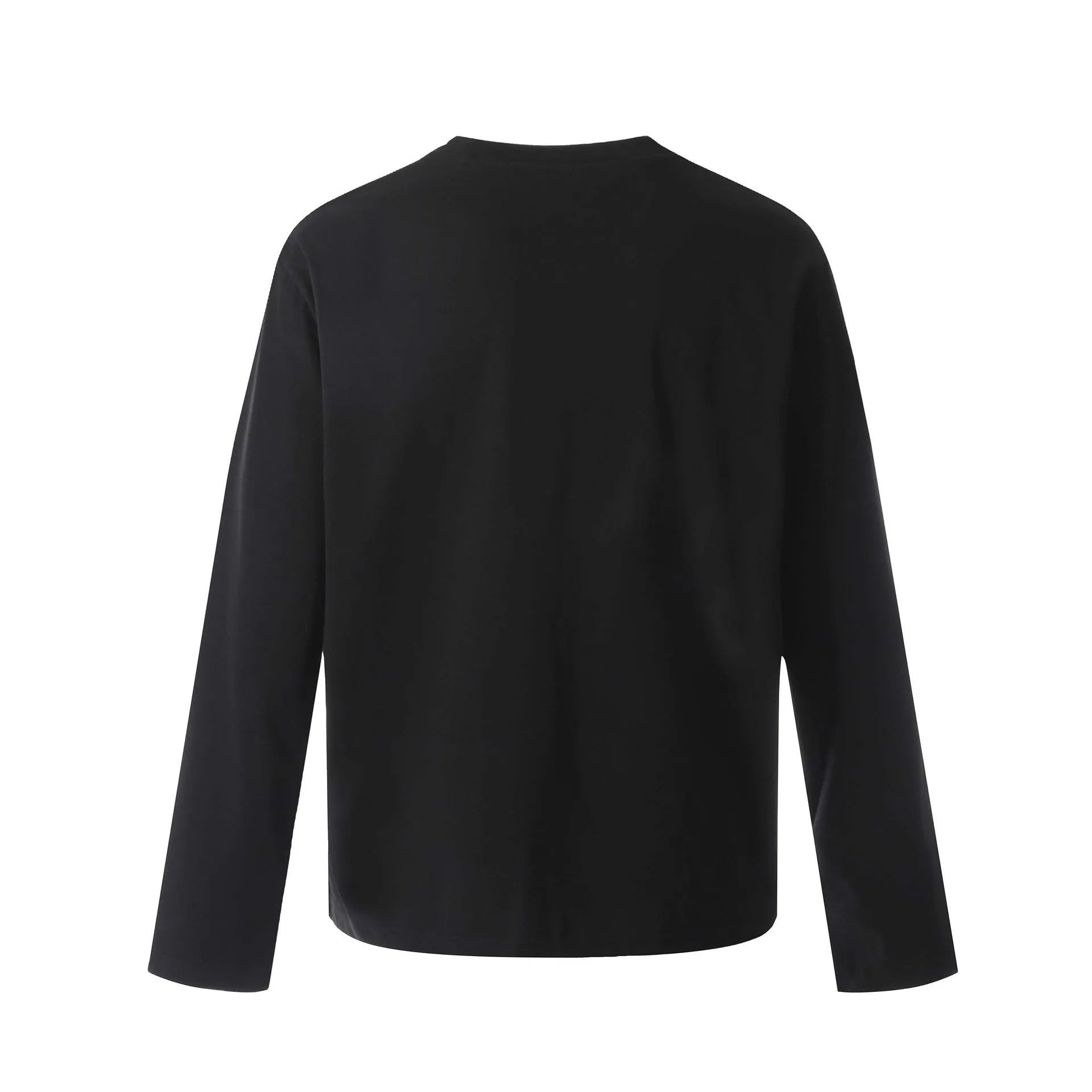 Man wearing a grey loose fit cotton long sleeve pullover with a simple retro design.
