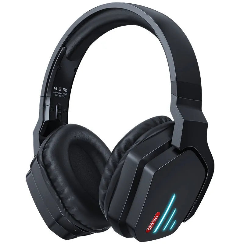 Luminous black wireless gaming headphones with adjustable headband and ear cups
