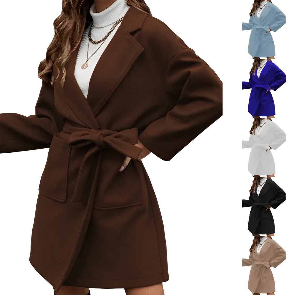 Minimalist long sleeve lapel coat with button front and split belt in thick polyester fabric