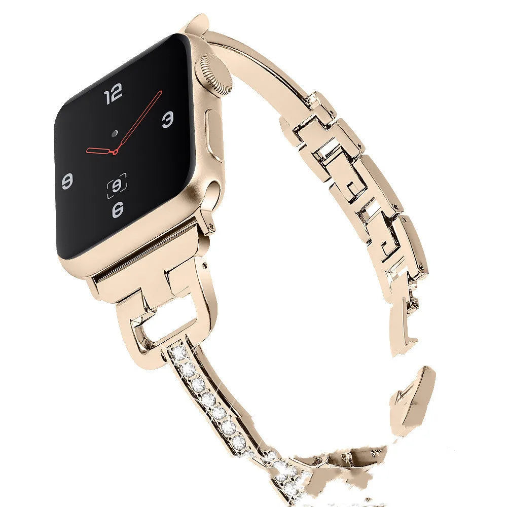 Apple Watch compatible smart watch with D-shaped metal diamond strap in multiple colour options