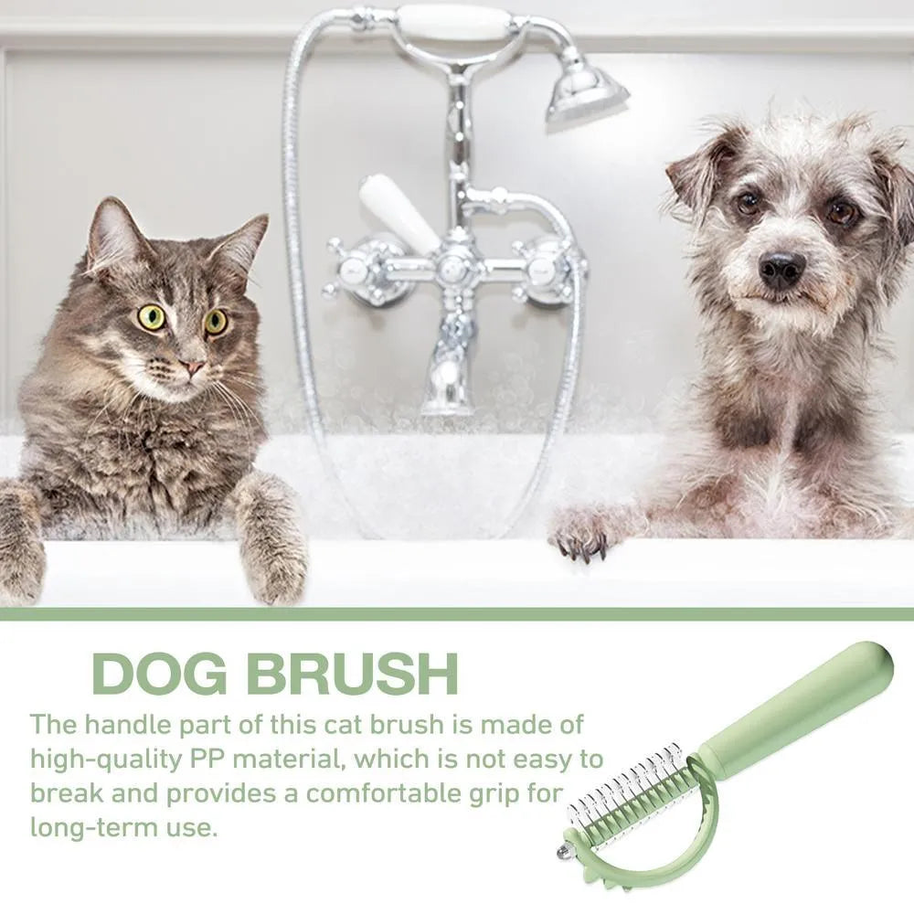 Blue dinosaur-shaped self-cleaning cat brush with stainless steel bristles on a white background.