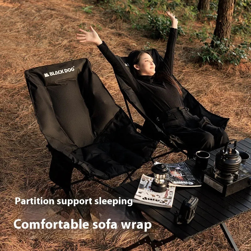 Night Black Oxford cloth camping recliner folding moon chair in outdoor setting