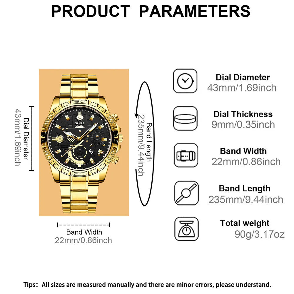 Men's gold-coloured business quartz watch with stainless steel strap on wrist
