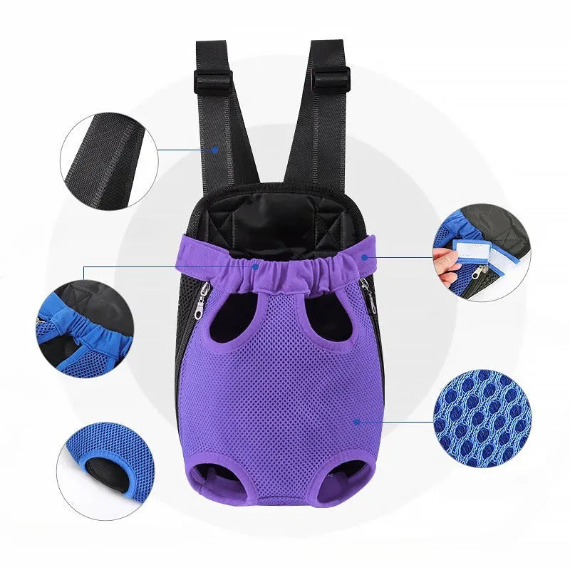 A black adjustable dog carrier backpack worn on a person's back, showing mesh panels and straps, suitable for a small dog.