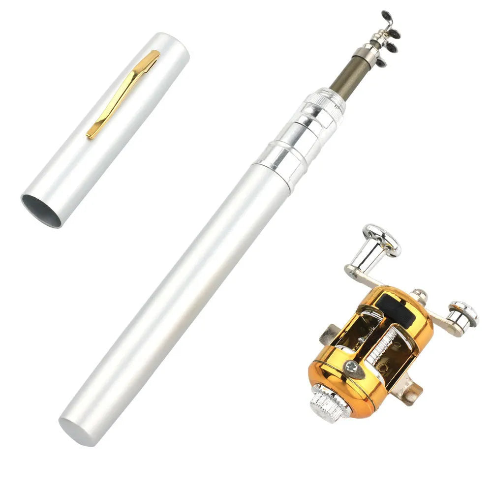 Portable telescopic fishing rod and drum kit in aluminium case, colours include gold, black, silver, red, blue, purple.