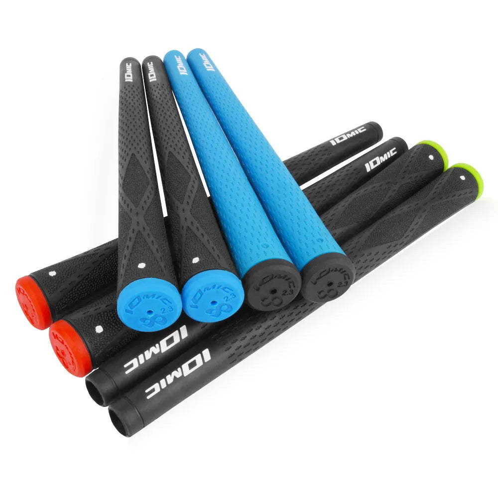 Single TPE material golf club grip shown in various colours including pink, red, blue, white, and black with red, green, or blue heads.