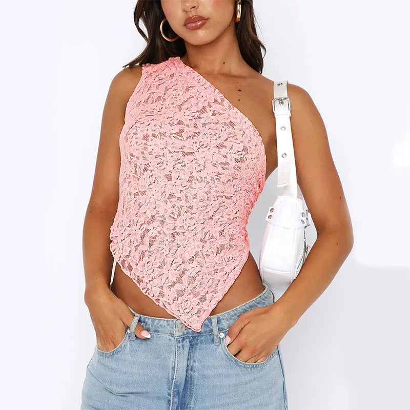 Women's sleeveless backless lace top with asymmetrical neckline in solid colour