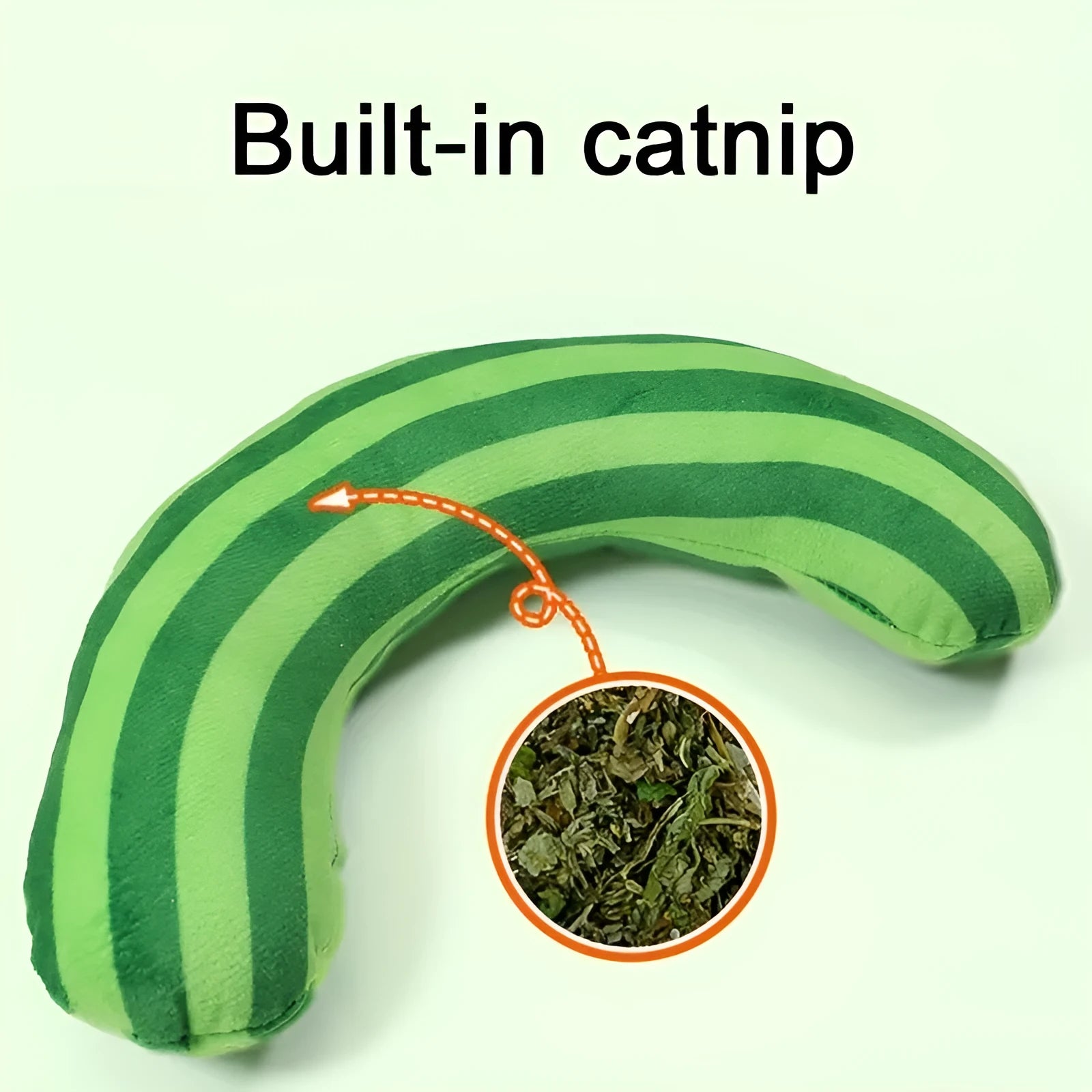 Green striped plush cat pillow toy with built-in catnip, measuring 23cm by 20cm.