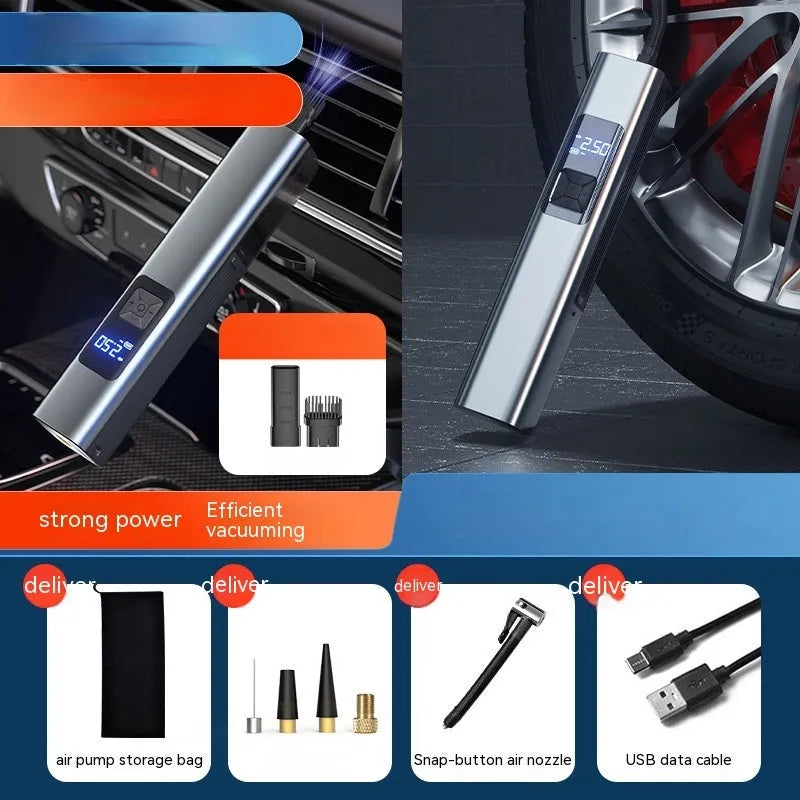 Wireless car air compressor pump with digital display and vacuum cleaning function