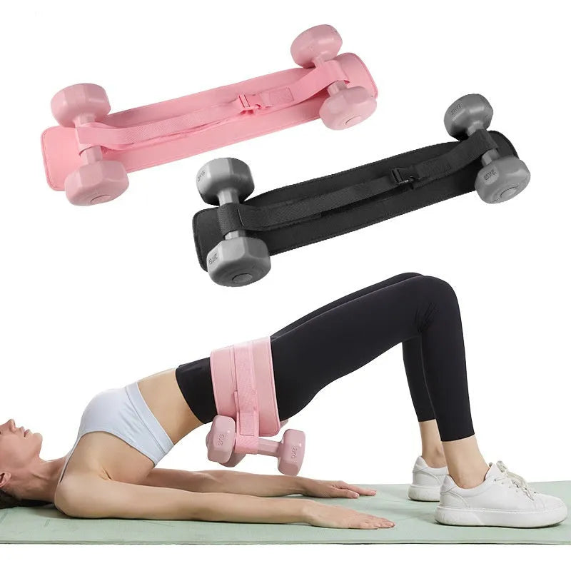 Black fitness belt for weighted hip bridge exercises with dumbbells