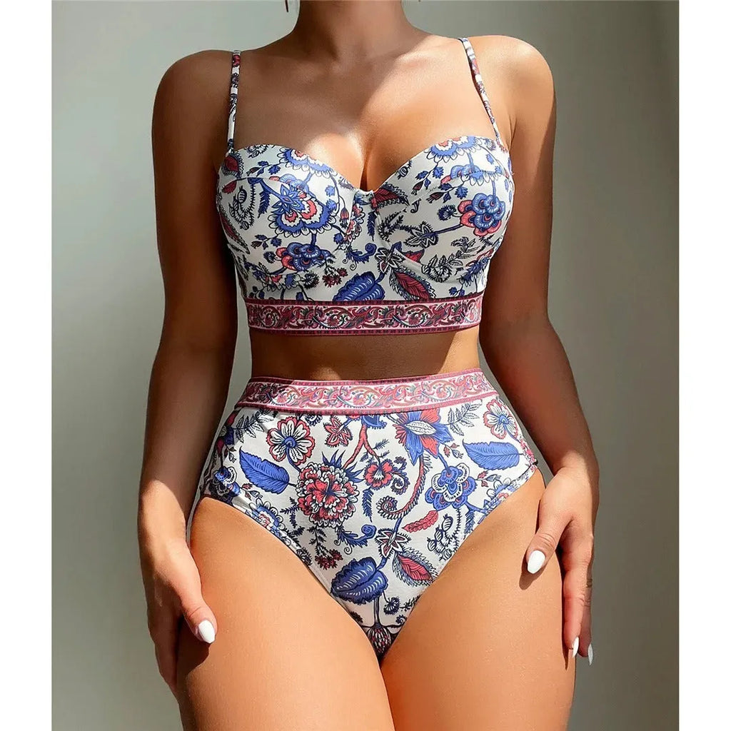 Blue women's high waist push-up bikini swimsuit on hanger