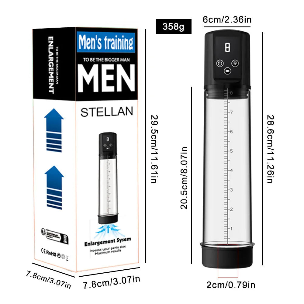 Electric penis pump vacuum trainer for men made from ABS and TPE materials.