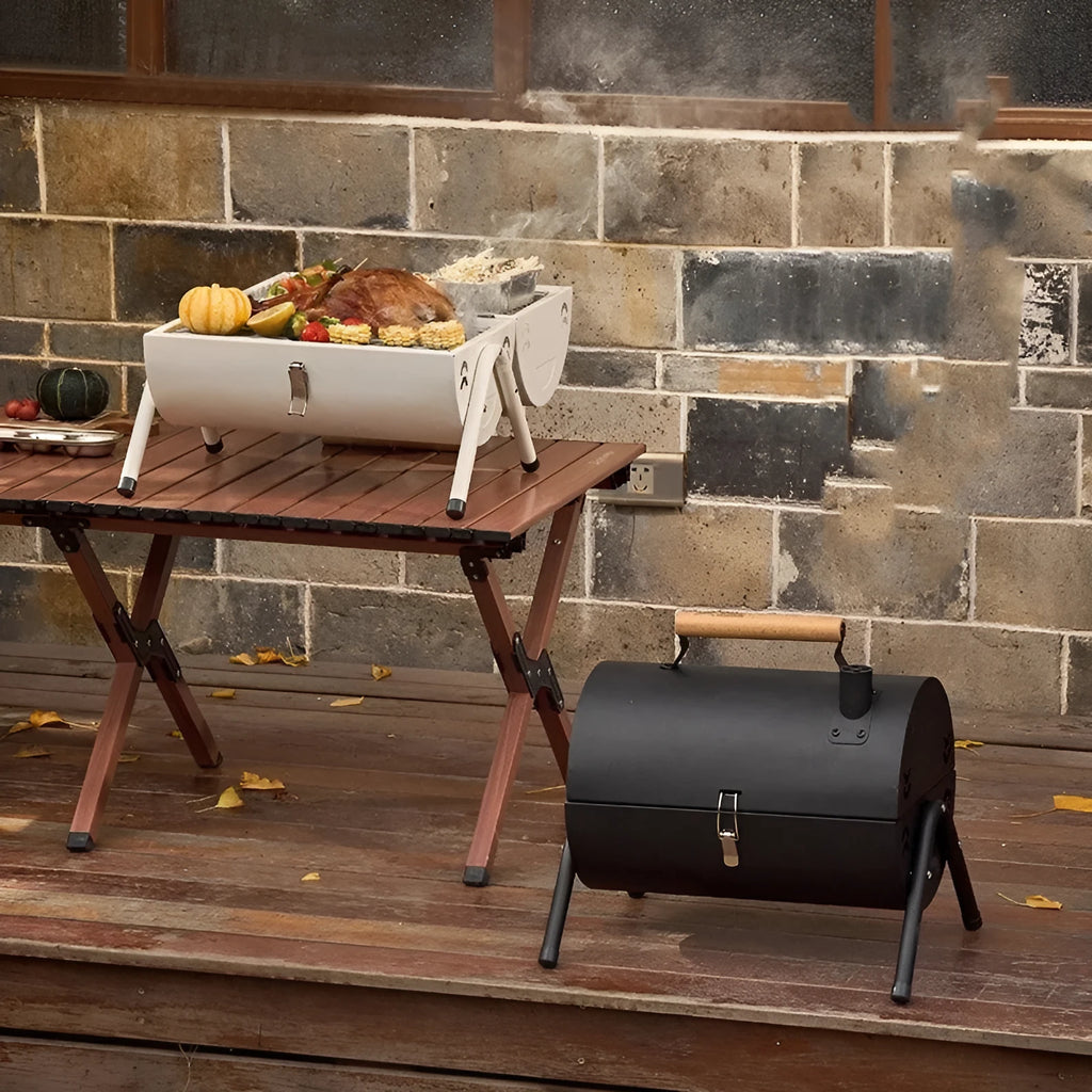 White round portable charcoal grill with chimney oven baking net and folding design