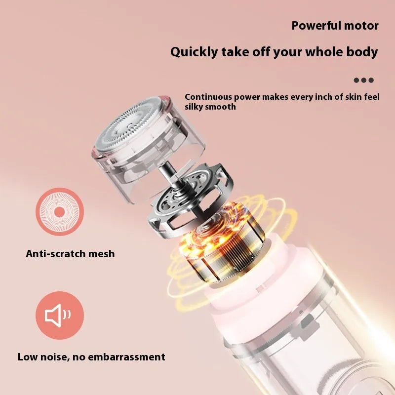 White or pink portable electric depilator with floating blade shaver head on a plain background.
