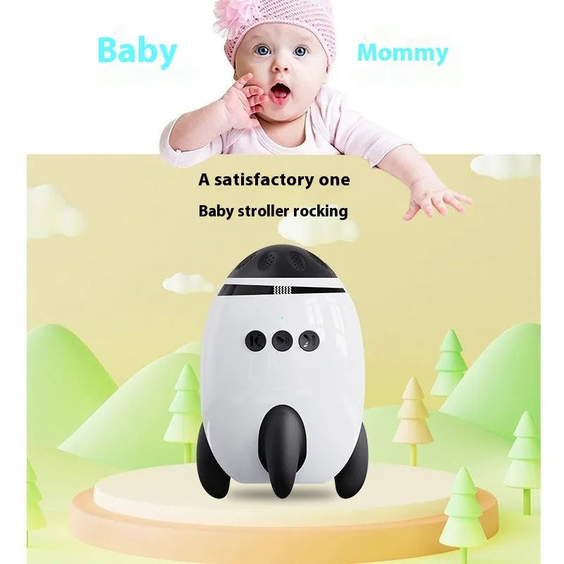 White portable baby stroller shaking device with Bluetooth for white noise, measuring 12 by 9.3 by 8 cm.