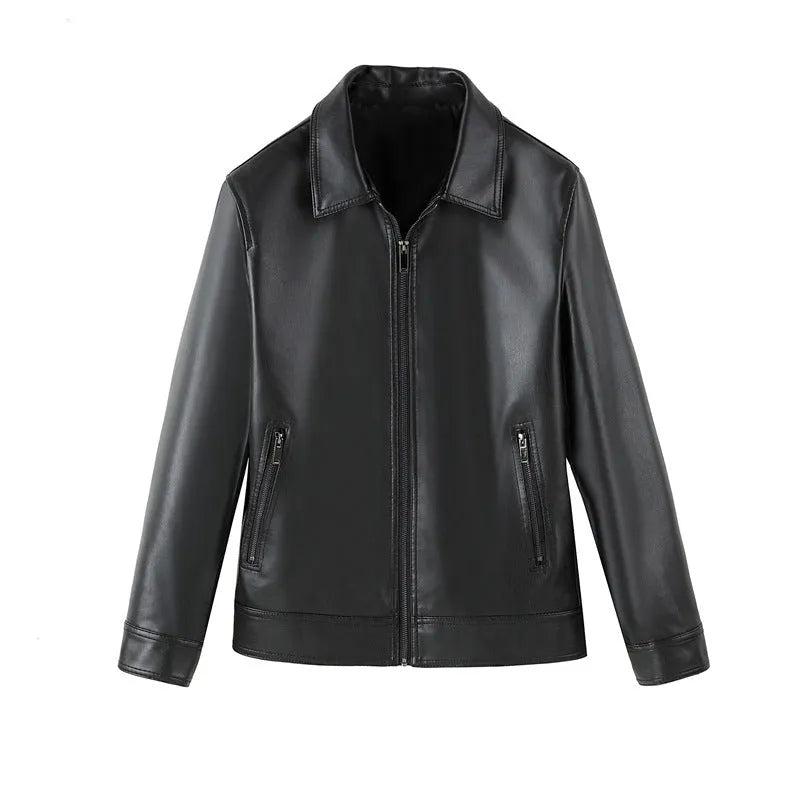 Black men's loose fit PU leather casual jacket with a zip pocket.