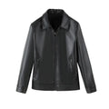 Black men's loose fit PU leather casual jacket with a zip pocket.
