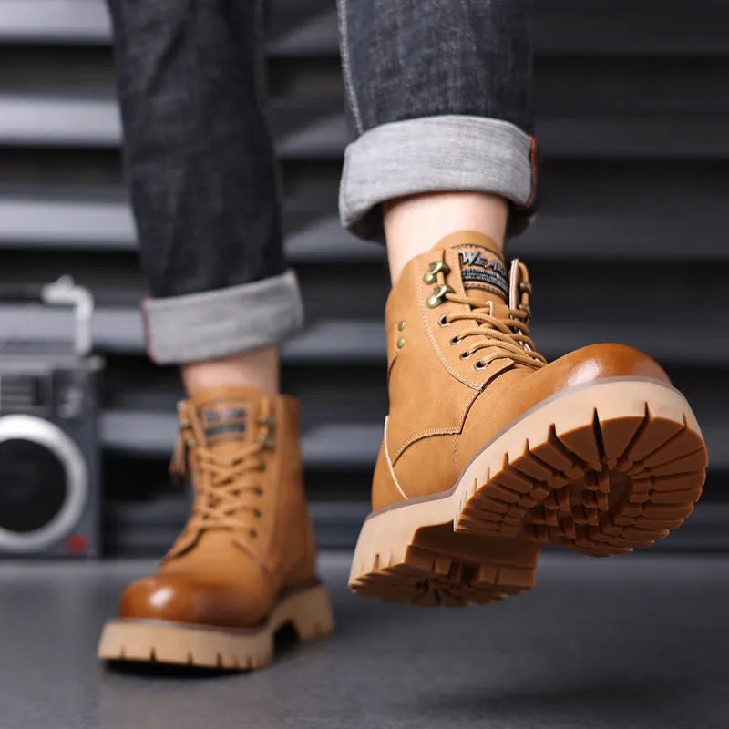 Men's brown high-top leather Martin boots with side zipper and round toe on a non-slip rubber sole.