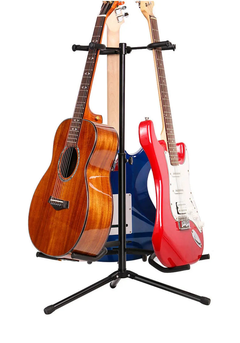 Black vertical double-headed adjustable iron guitar stand on a tripod base.