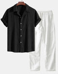 Men's slim fit camouflage print casual suit with short sleeve shirt and trousers.