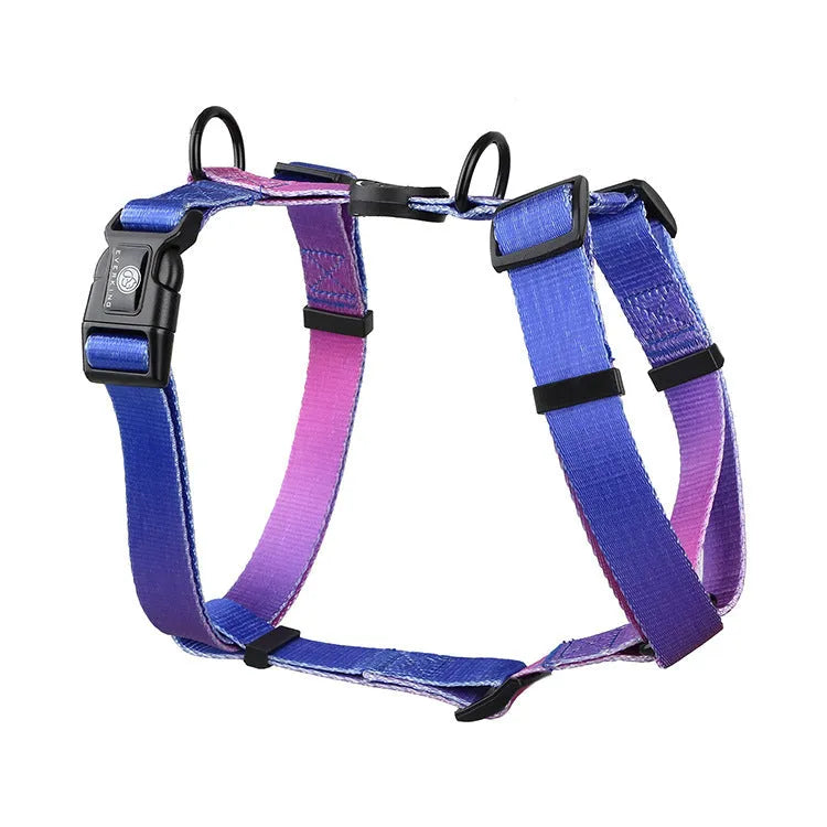 Gradient colour pet chest harness for dogs and cats in purple, blue, neon, or green patterns.