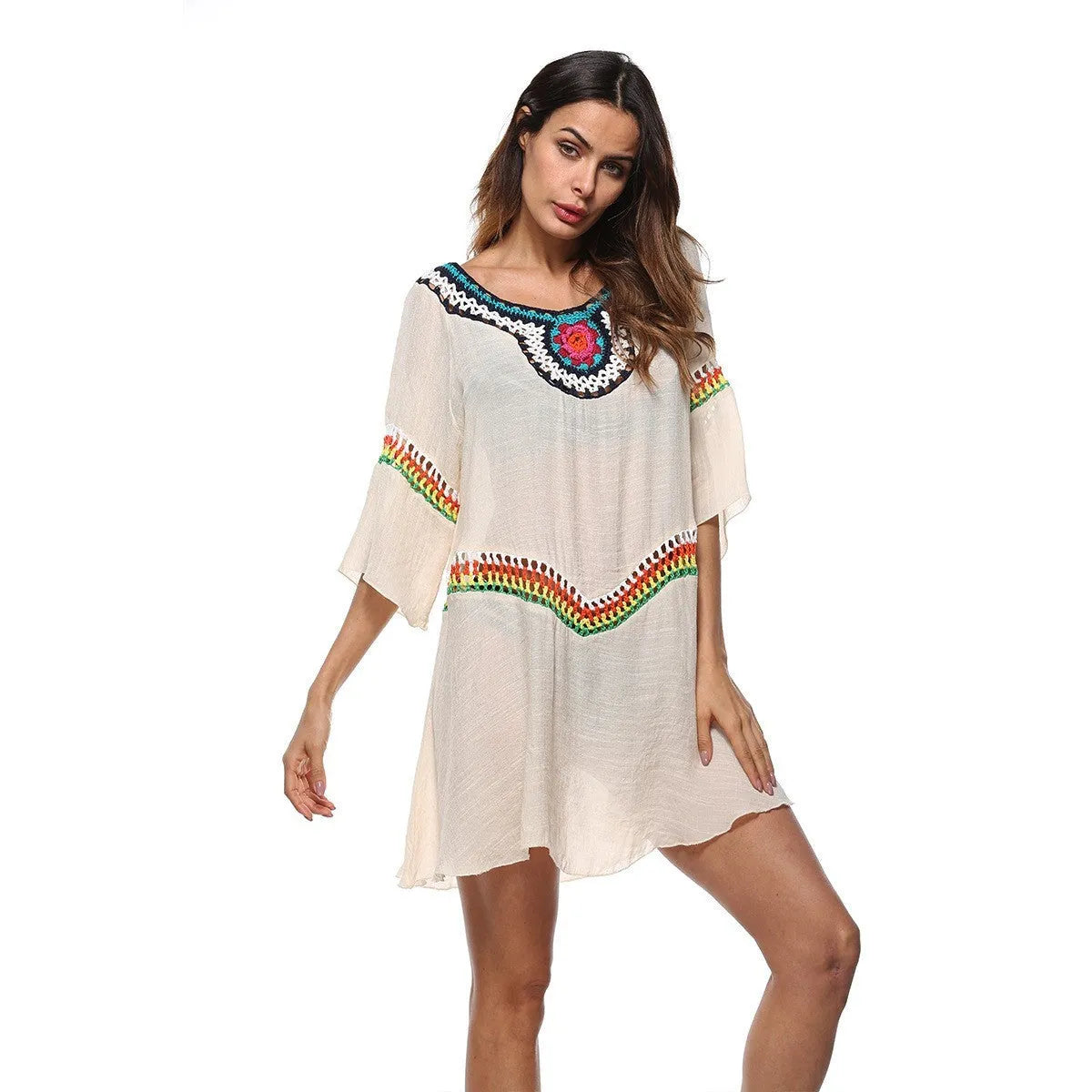 Crocheted ethnic style beach cover-up clothing for women in acrylic polyester fabric
