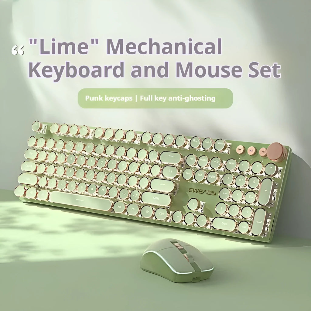 Matcha green mechanical keyboard with white backlight, aluminium panel, and multi-function knob on a desk