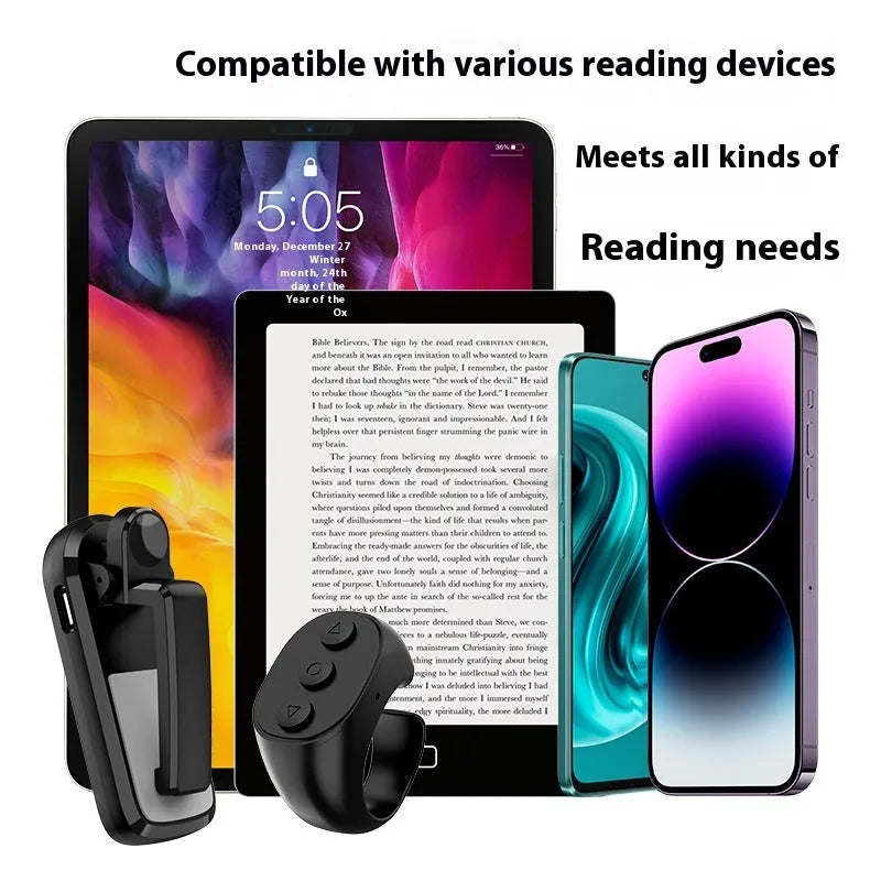 Wireless page turner remote control in black, pink, or white colour with clickers for tablets and phones.