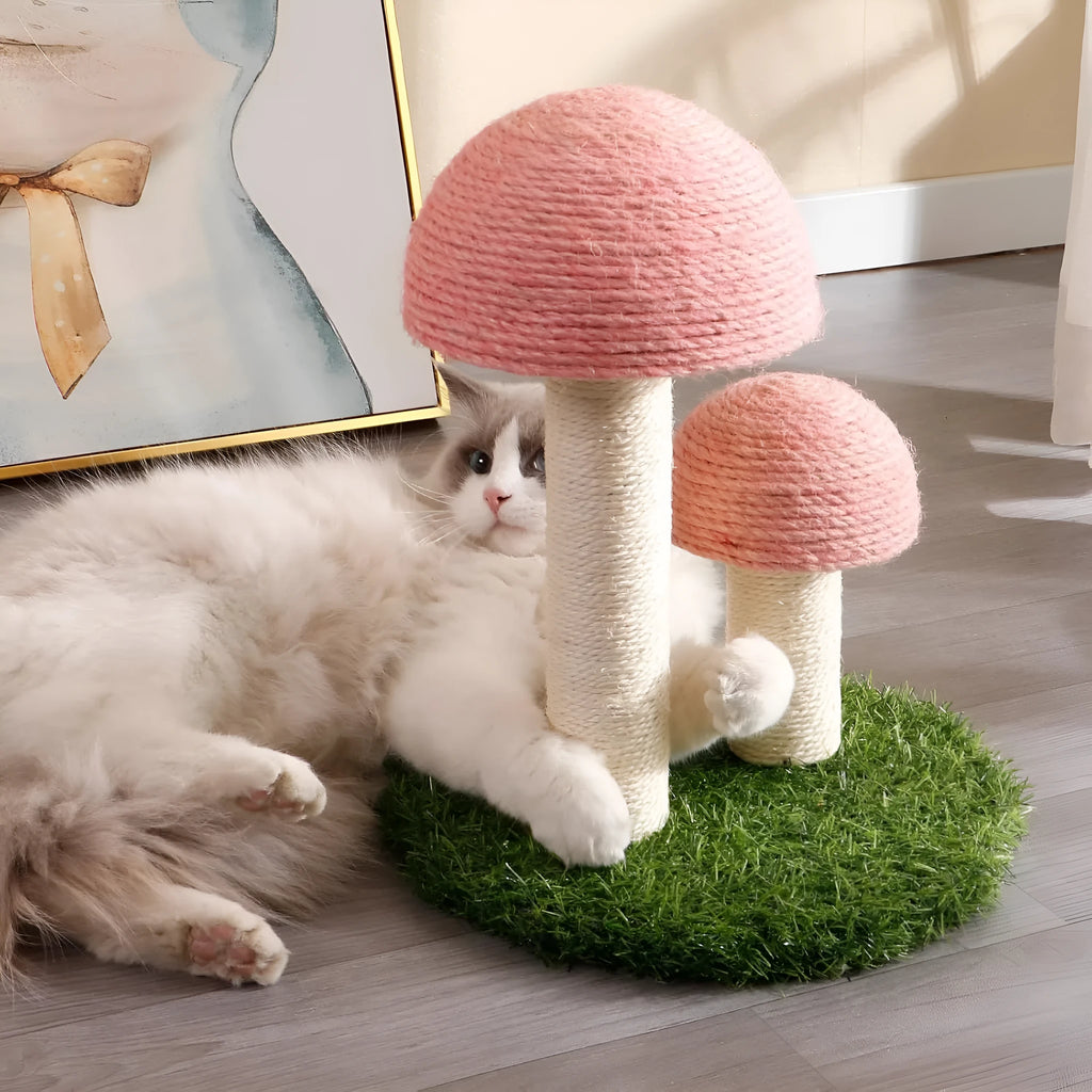 Pink mushroom-shaped cat scratching post with natural sisal caps for kittens