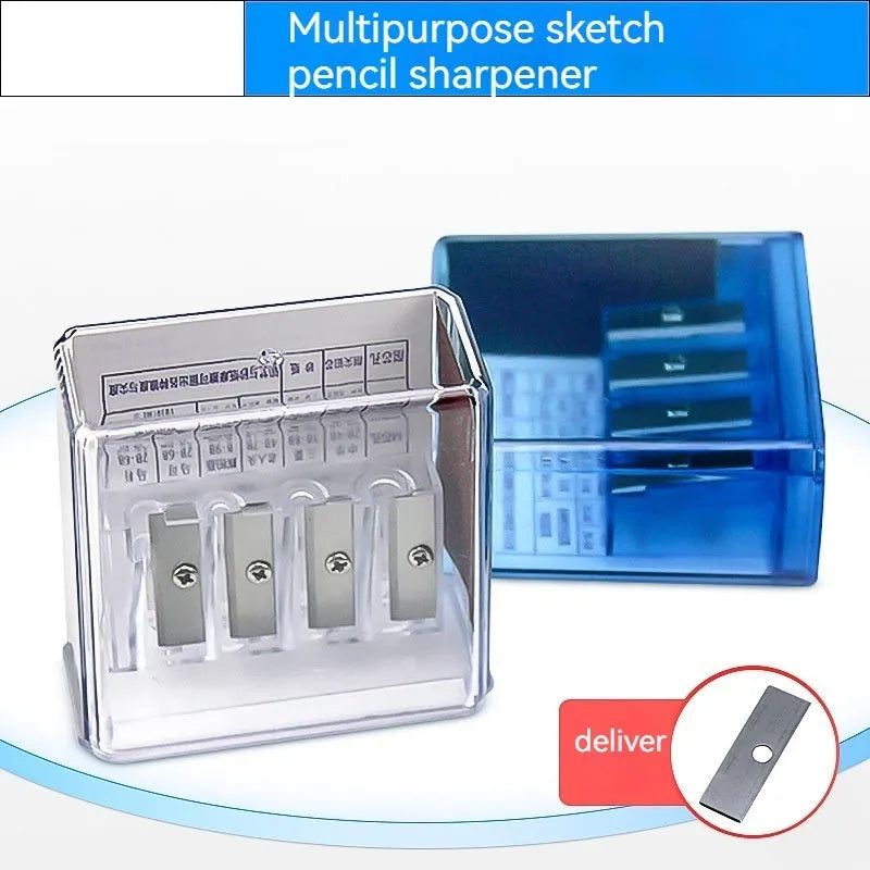 Geometric-shaped plastic pencil sharpener with four sharpening holes and a screwdriver