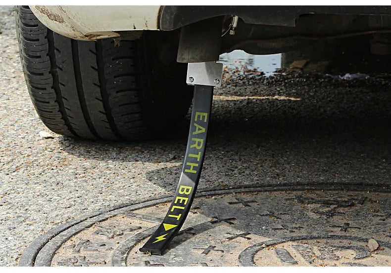 Black car electrostatic grounding belt with copper wire and rubber construction, 370mm long, shown detached.