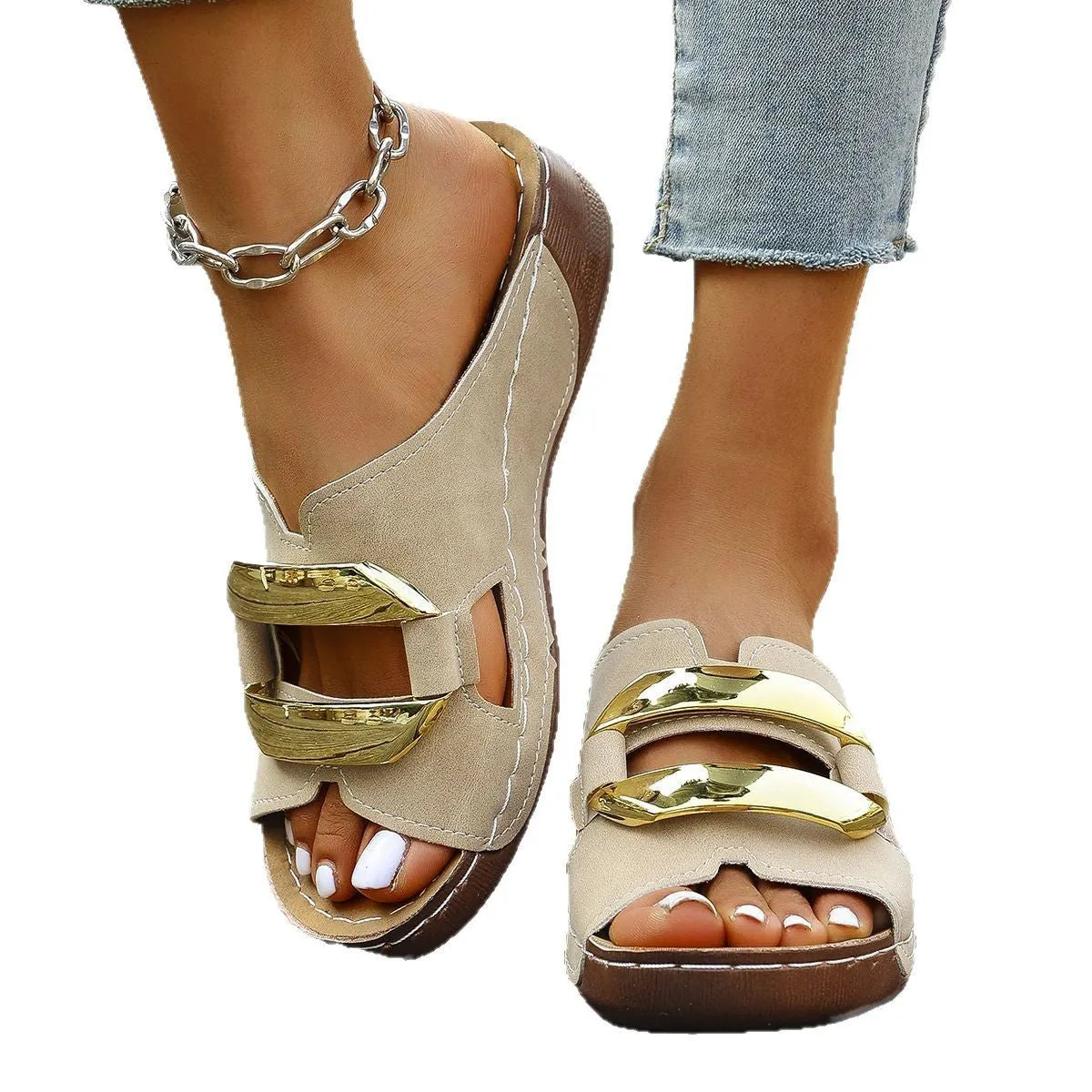 Roman-style platform sandals with artificial PU upper and rubber sole in multiple colours