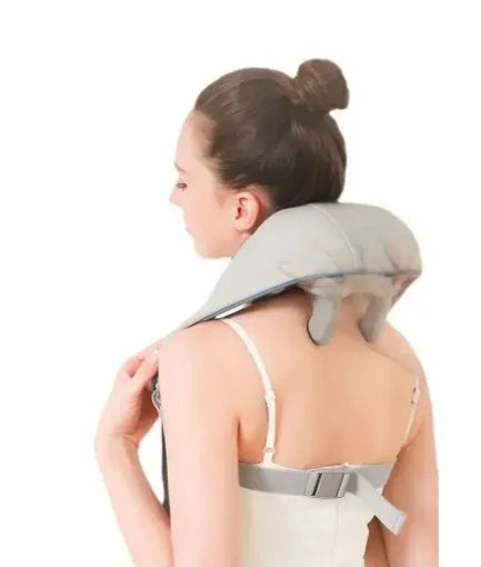 Creamy white rechargeable shoulder and neck massager with infrared physiotherapy function and USB charging cable