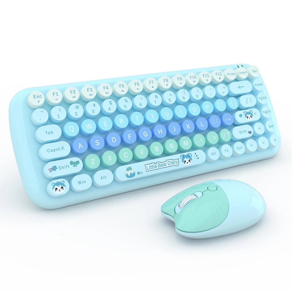 CANDY pink wireless cartoon keyboard and mouse set with receiver on a desk