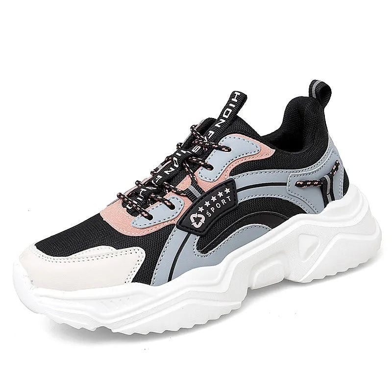 Women's white casual sports shoes with thick sole, mesh upper, buckle detail and round toe